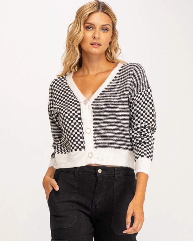 Striped And Checkered Cardigan-Style Short Jacket With Buttons Black-Jacket-Tantra-YOUR-Urbanheer