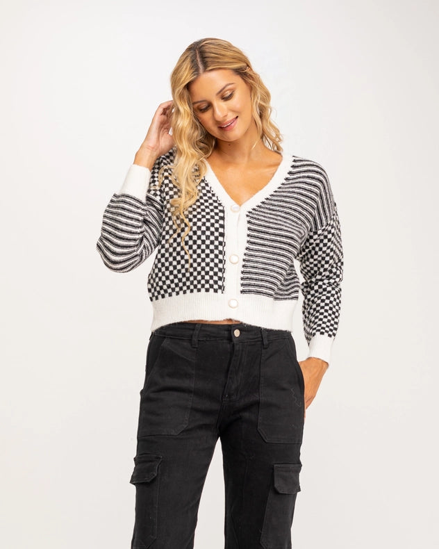 Striped And Checkered Cardigan-Style Short Jacket With Buttons Black-Jacket-Tantra-YOUR-Urbanheer