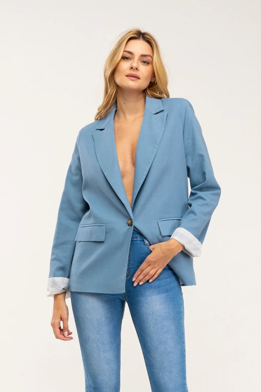 Striped Blazer-Style Blazer Jacket With Lapels And Button Detail Blue-Jacket-Tantra-S-Urbanheer