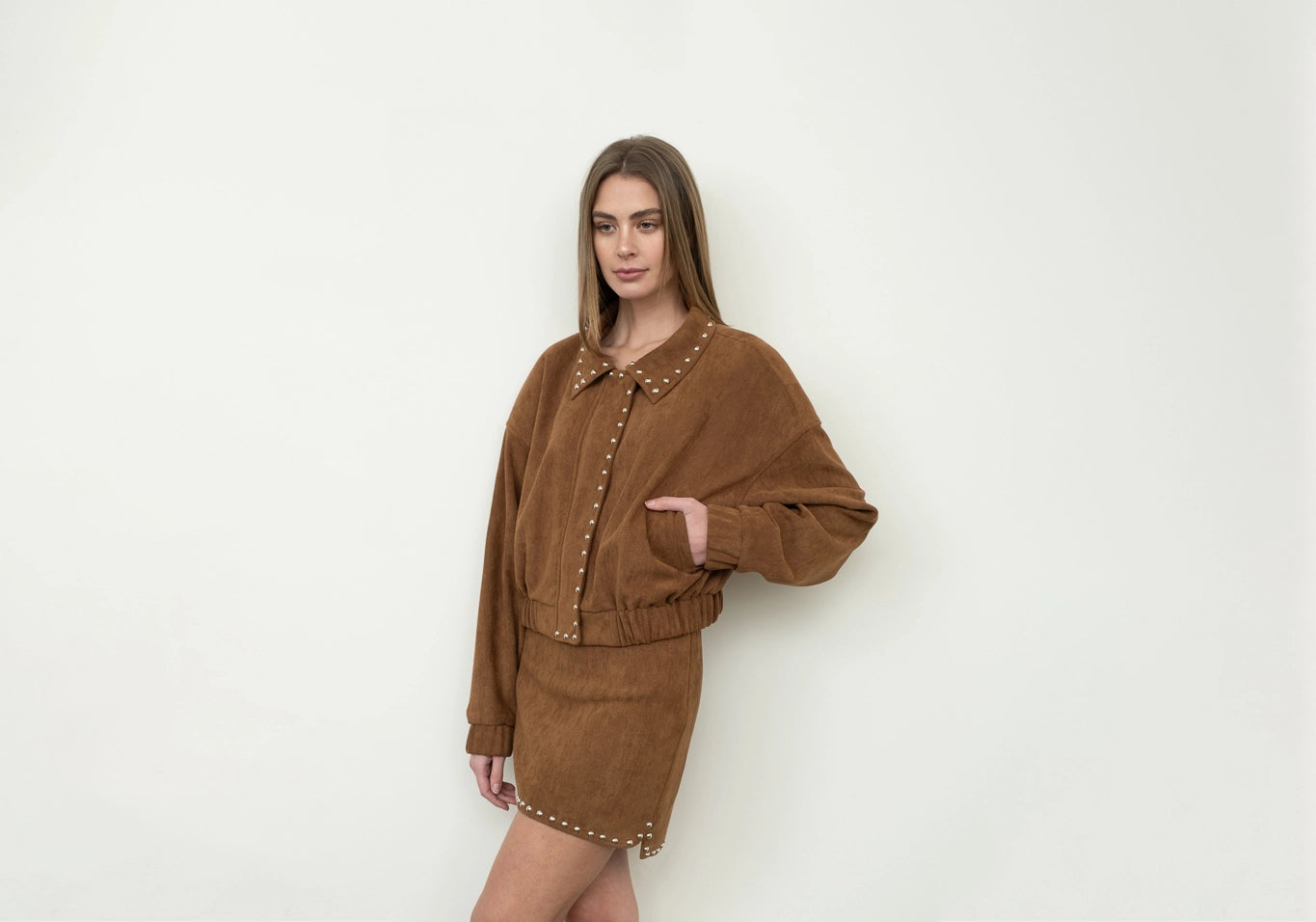 Stud Detail Zipper Front Suede Jacket