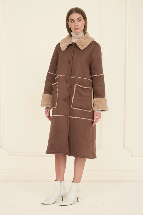 Suede Faux Fur Lined Long Coat