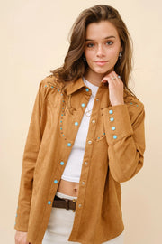 Suede Western Shirt Blouse-Blouse-Blue B-S-CAMEL-Urbanheer
