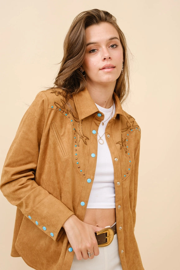 Suede Western Shirt Blouse-Blouse-Blue B-S-CAMEL-Urbanheer