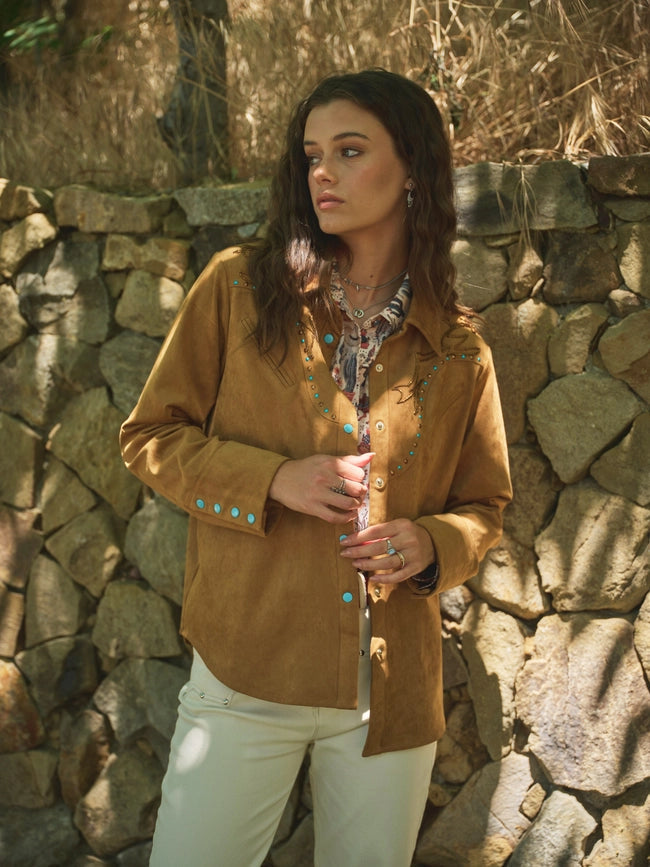 Suede Western Shirt Blouse-Blouse-Blue B-S-CAMEL-Urbanheer