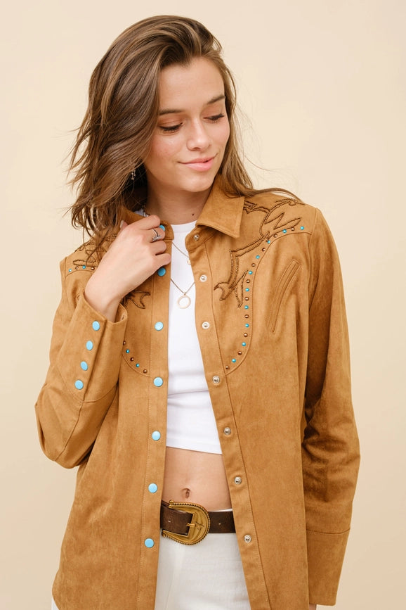 Suede Western Shirt Blouse-Blouse-Blue B-S-CAMEL-Urbanheer
