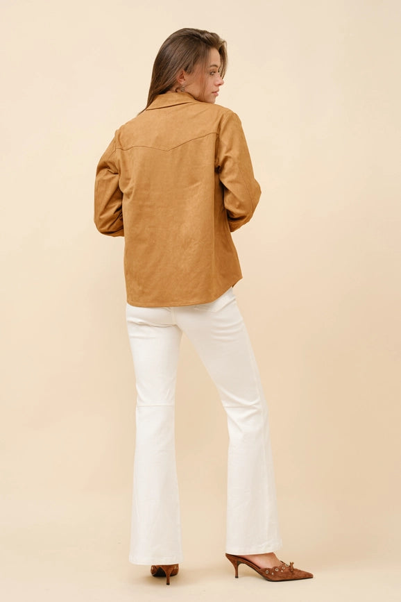 Suede Western Shirt Blouse-Blouse-Blue B-S-CAMEL-Urbanheer
