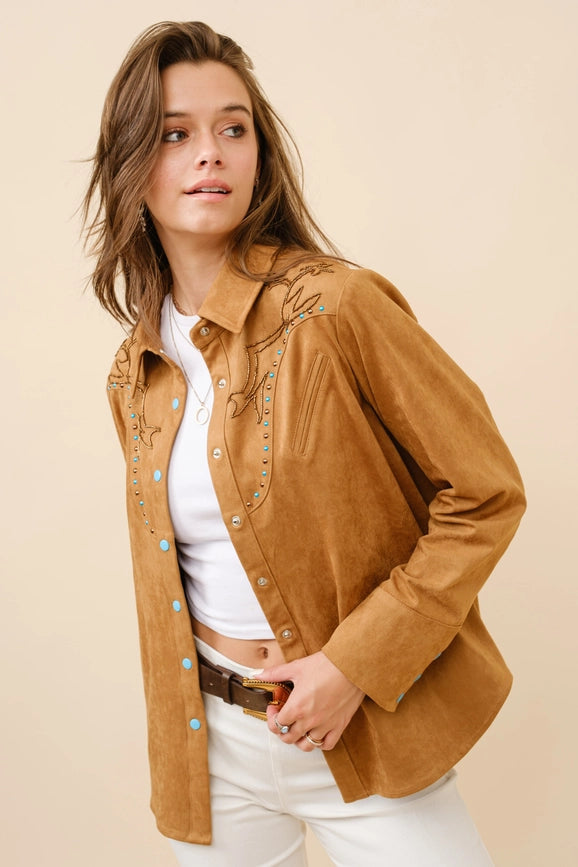 Suede Western Shirt Blouse-Blouse-Blue B-S-CAMEL-Urbanheer