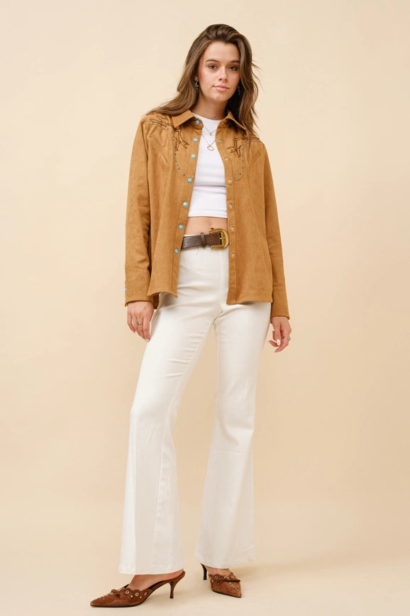 Suede Western Shirt Blouse-Blouse-Blue B-S-CAMEL-Urbanheer