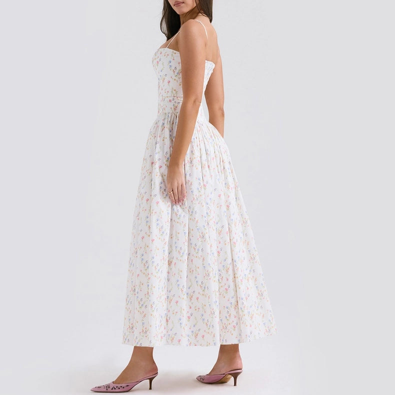 Summer Sexy Floral Print Cinched Waist Strap Maxi Dress-Dress-Rosa Clothing-XS-White-Urbanheer