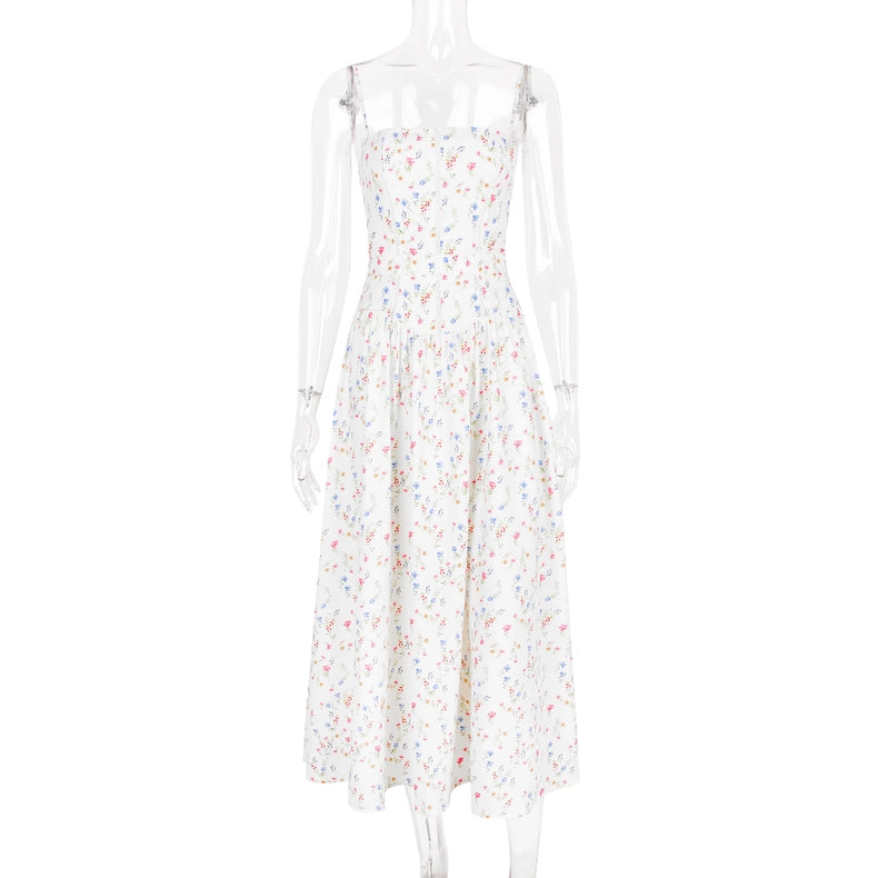 Summer Sexy Floral Print Cinched Waist Strap Maxi Dress-Dress-Rosa Clothing-XS-White-Urbanheer