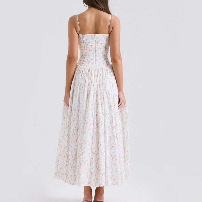 Summer Sexy Floral Print Cinched Waist Strap Maxi Dress-Dress-Rosa Clothing-XS-White-Urbanheer