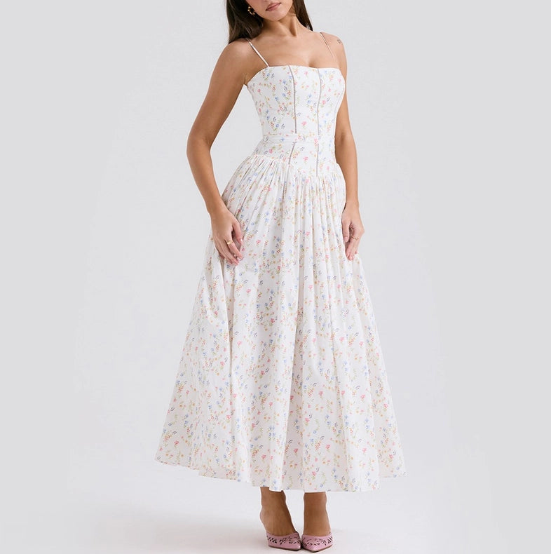 Summer Sexy Floral Print Cinched Waist Strap Maxi Dress-Dress-Rosa Clothing-XS-White-Urbanheer
