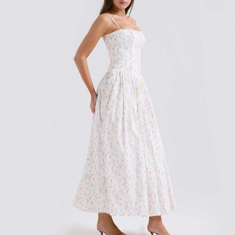 Summer Sexy Floral Print Cinched Waist Strap Maxi Dress-Dress-Rosa Clothing-XS-White-Urbanheer