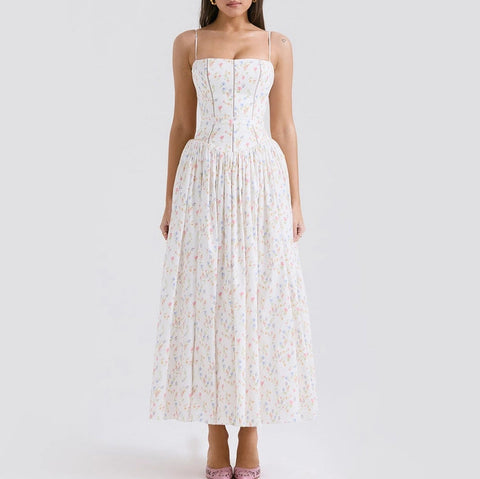 Summer Sexy Floral Print Cinched Waist Strap Maxi Dress-Dress-Rosa Clothing-XS-White-Urbanheer