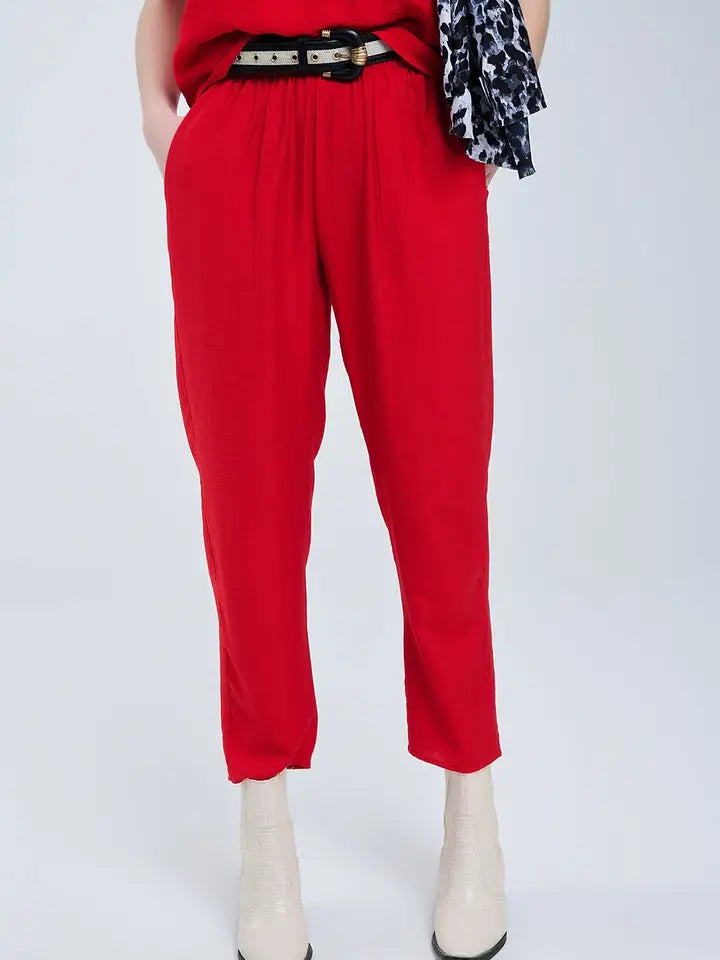 Summery Pants with Elastic Waist and Pockets in Red-Pants-Q2-S-RED-Urbanheer