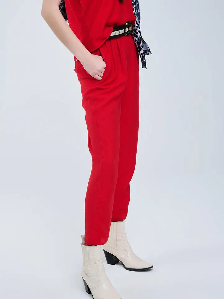 Summery Pants with Elastic Waist and Pockets in Red-Pants-Q2-S-RED-Urbanheer