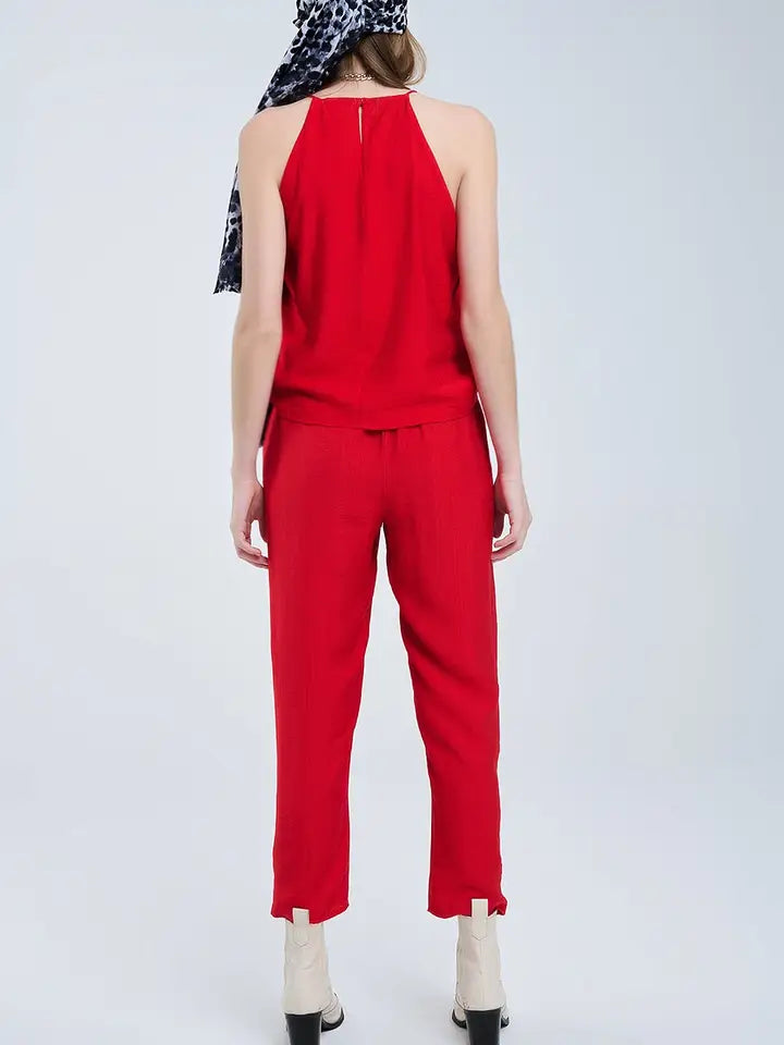 Summery Pants with Elastic Waist and Pockets in Red-Pants-Q2-S-RED-Urbanheer