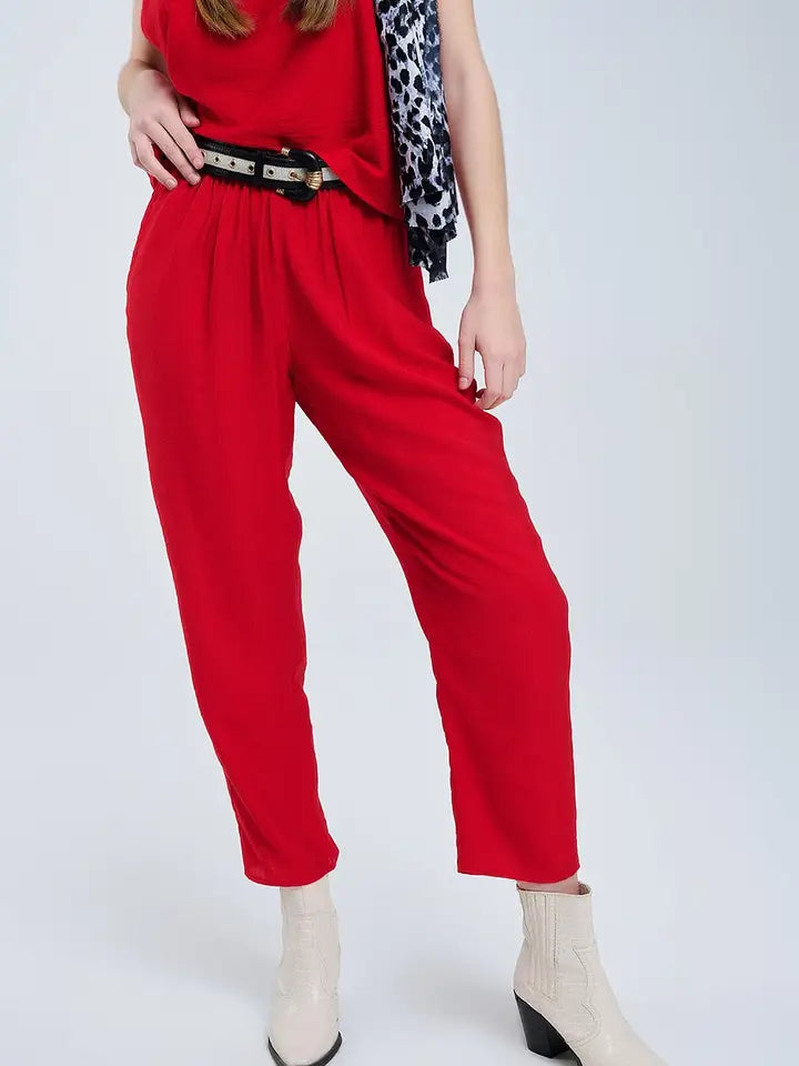Summery Pants with Elastic Waist and Pockets in Red-Pants-Q2-S-RED-Urbanheer