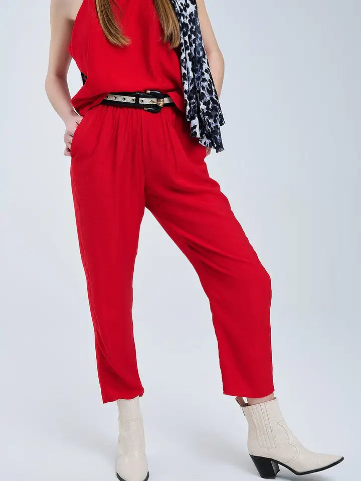 Summery Pants with Elastic Waist and Pockets in Red-Pants-Q2-S-RED-Urbanheer