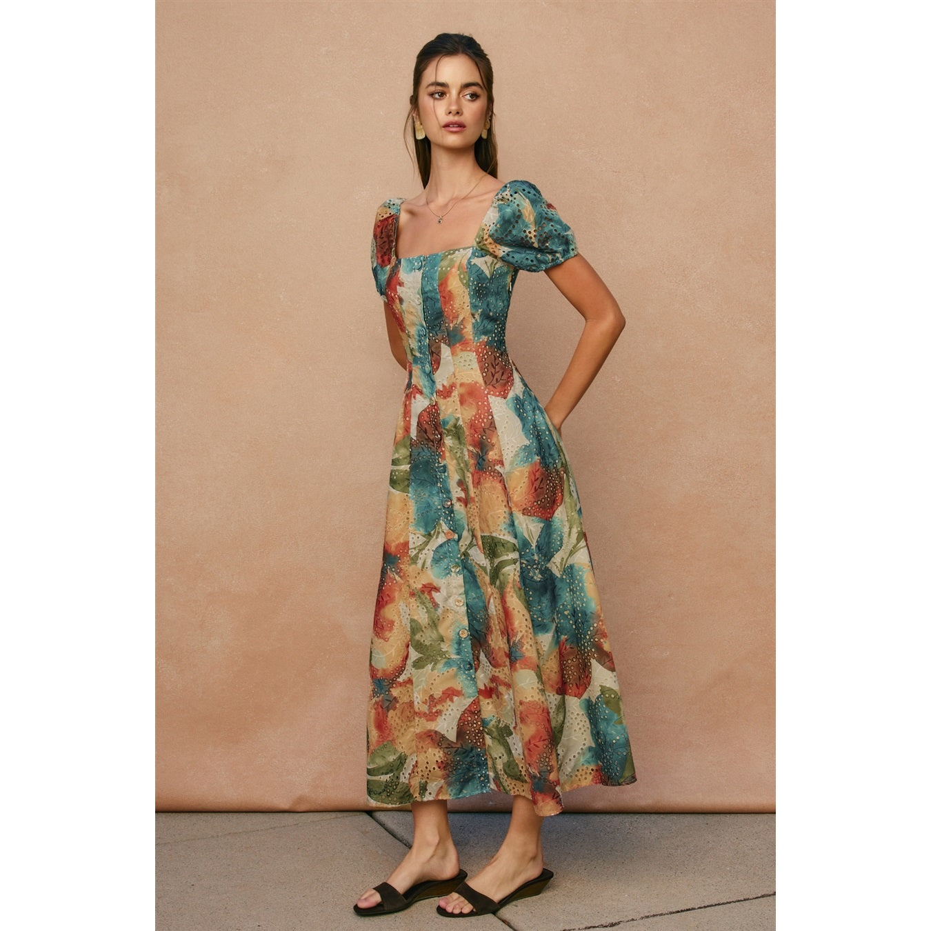 Sunset Whispers Square Neck Puff Sleeve Midi Dress