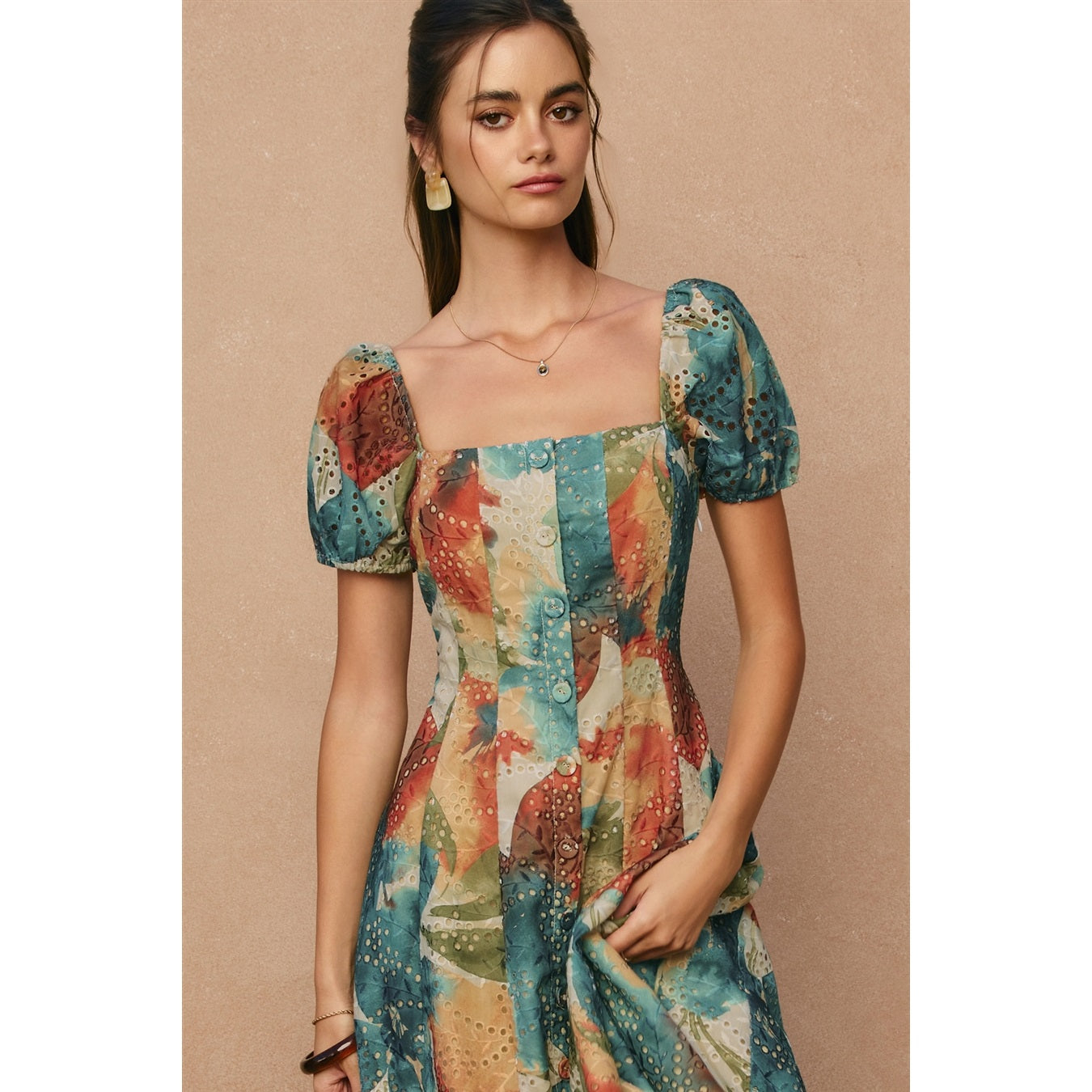 Sunset Whispers Square Neck Puff Sleeve Midi Dress