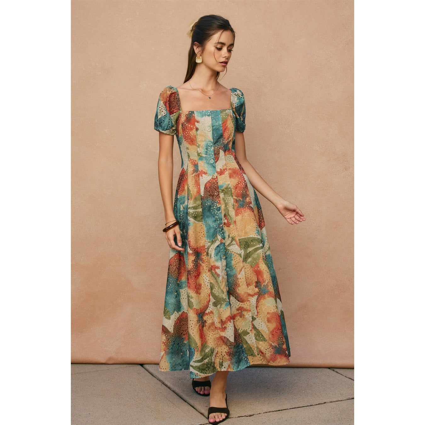 Sunset Whispers Square Neck Puff Sleeve Midi Dress