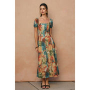 Sunset Whispers Square Neck Puff Sleeve Midi Dress