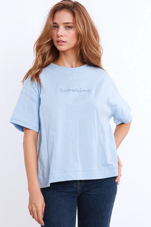 Sunshine Oversized T-Shirt With Textured Text At The Front In Blue-T-Shirt-Q2-One Size-Blue-Urbanheer