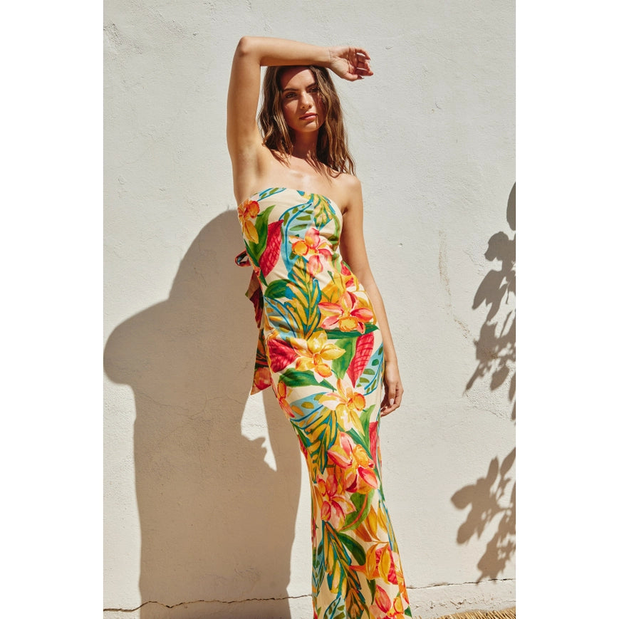 Super Bloom Strapless Tie Back Maxi Dress-Dress-Dress Forum-S-BOTANICAL GARDEN-Urbanheer