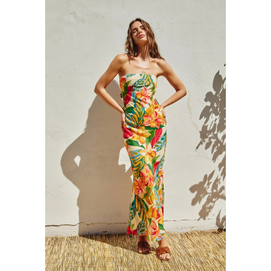Super Bloom Strapless Tie Back Maxi Dress-Dress-Dress Forum-S-BOTANICAL GARDEN-Urbanheer