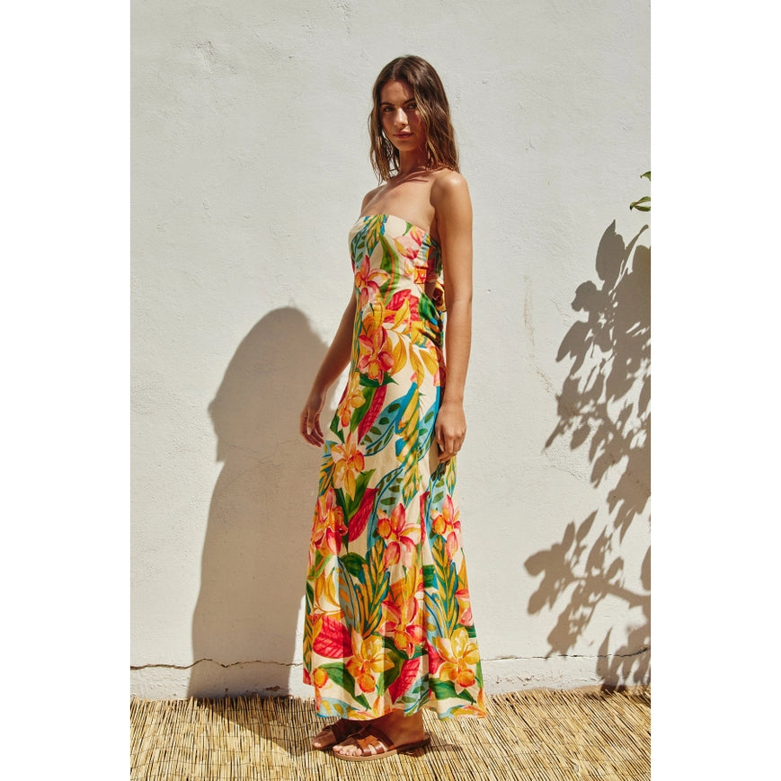 Super Bloom Strapless Tie Back Maxi Dress-Dress-Dress Forum-S-BOTANICAL GARDEN-Urbanheer