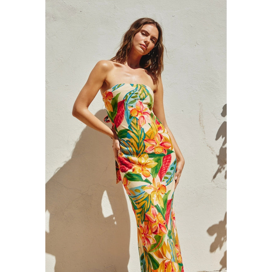Super Bloom Strapless Tie Back Maxi Dress-Dress-Dress Forum-S-BOTANICAL GARDEN-Urbanheer