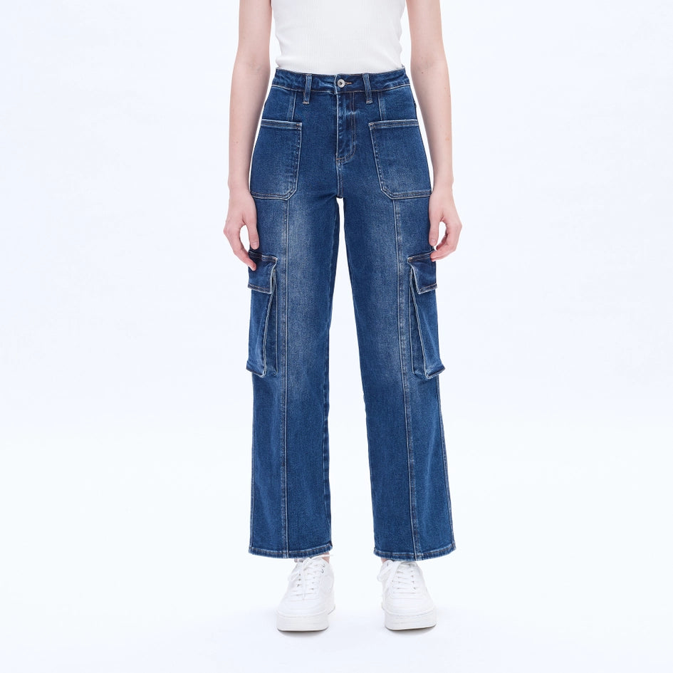 Super High Rise Cargo Straight Wide Leg Jeans INDIGO ROCK-Jeans-BAYEAS-24-INDIGO ROCK-Urbanheer