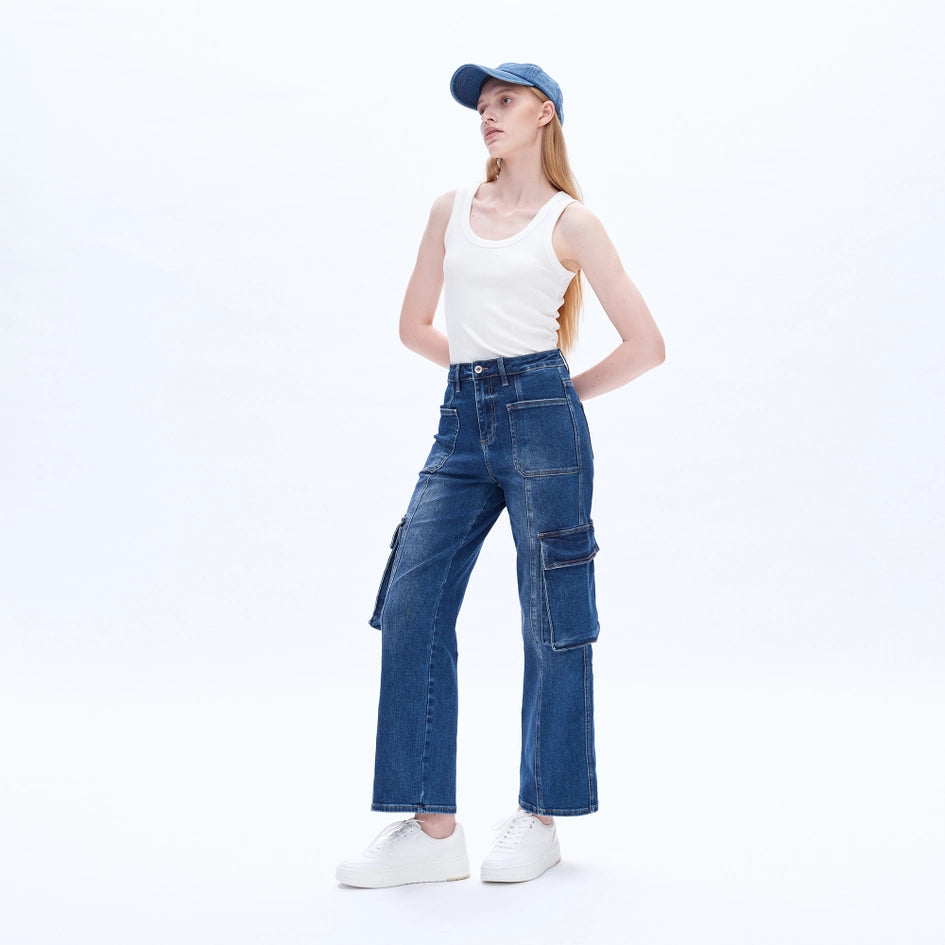 Super High Rise Cargo Straight Wide Leg Jeans INDIGO ROCK-Jeans-BAYEAS-24-INDIGO ROCK-Urbanheer