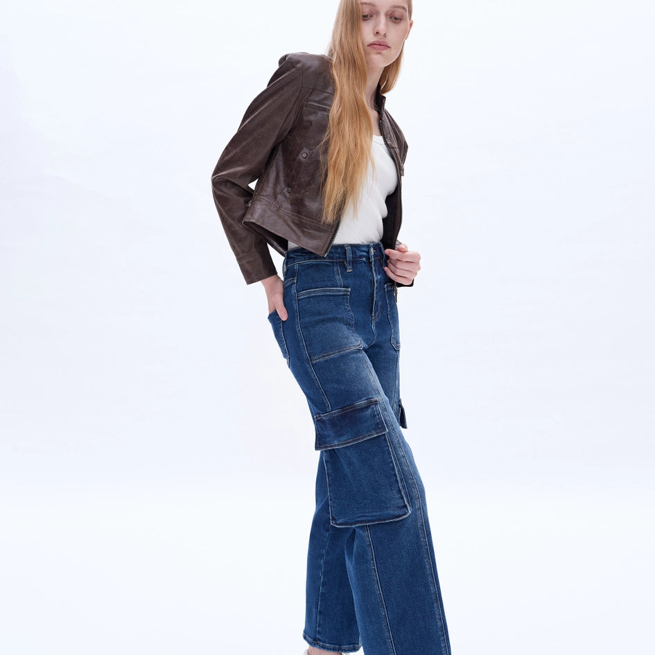 Super High Rise Cargo Straight Wide Leg Jeans INDIGO ROCK-Jeans-BAYEAS-24-INDIGO ROCK-Urbanheer