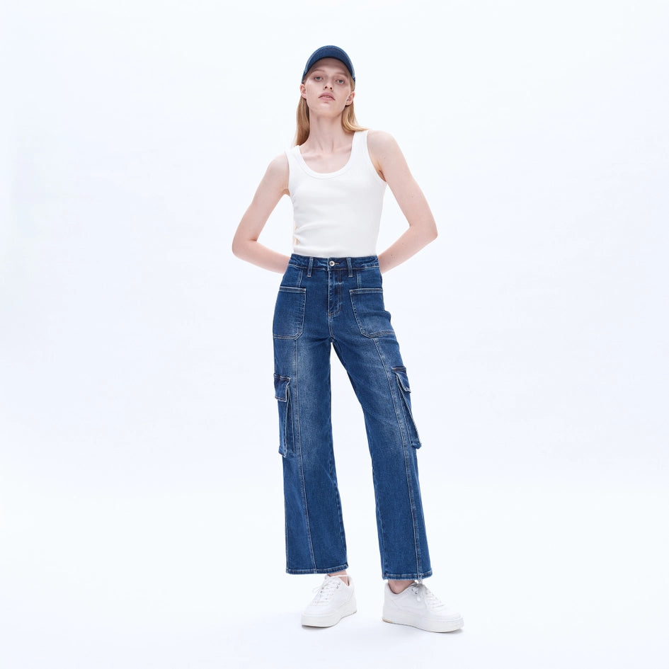 Super High Rise Cargo Straight Wide Leg Jeans INDIGO ROCK-Jeans-BAYEAS-24-INDIGO ROCK-Urbanheer