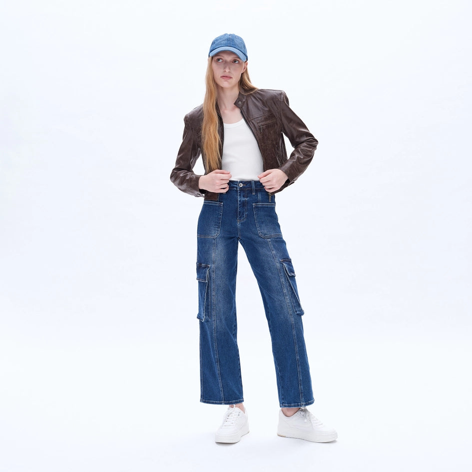 Super High Rise Cargo Straight Wide Leg Jeans INDIGO ROCK-Jeans-BAYEAS-24-INDIGO ROCK-Urbanheer