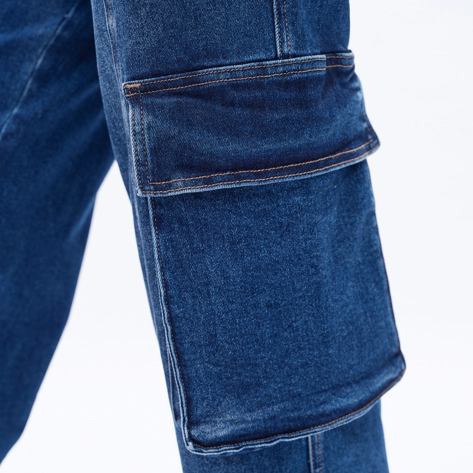 Super High Rise Cargo Straight Wide Leg Jeans INDIGO ROCK-Jeans-BAYEAS-24-INDIGO ROCK-Urbanheer