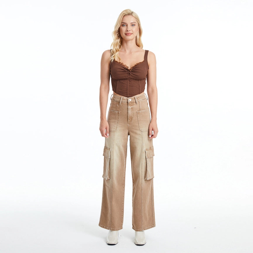 Super High Rise Cargo Straight Wide Leg Twill Pants-Cargo Pants-BAYEAS-26-VINTAGE KHAKI-Urbanheer
