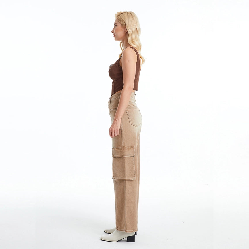 Super High Rise Cargo Straight Wide Leg Twill Pants-Cargo Pants-BAYEAS-26-VINTAGE KHAKI-Urbanheer