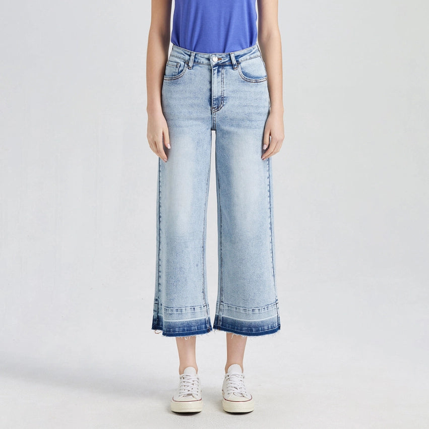 Super High Rise Crop Wide Leg Jeans with Raw Hem LIGHT BLUE-Jeans-BAYEAS-24-LIGHT BLUE-Urbanheer