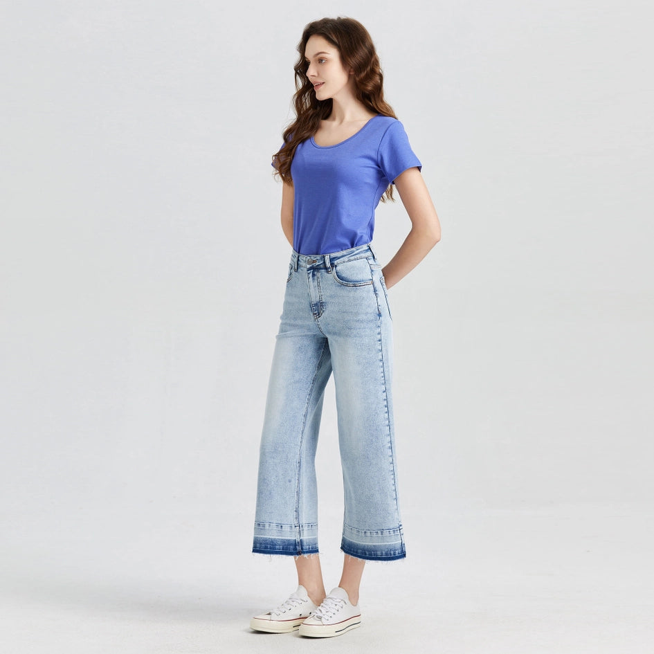 Super High Rise Crop Wide Leg Jeans with Raw Hem LIGHT BLUE-Jeans-BAYEAS-14W-LIGHT BLUE-Urbanheer