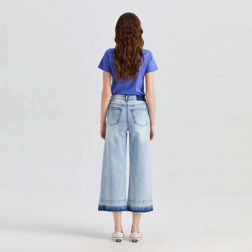 Super High Rise Crop Wide Leg Jeans with Raw Hem LIGHT BLUE-Jeans-BAYEAS-24-LIGHT BLUE-Urbanheer