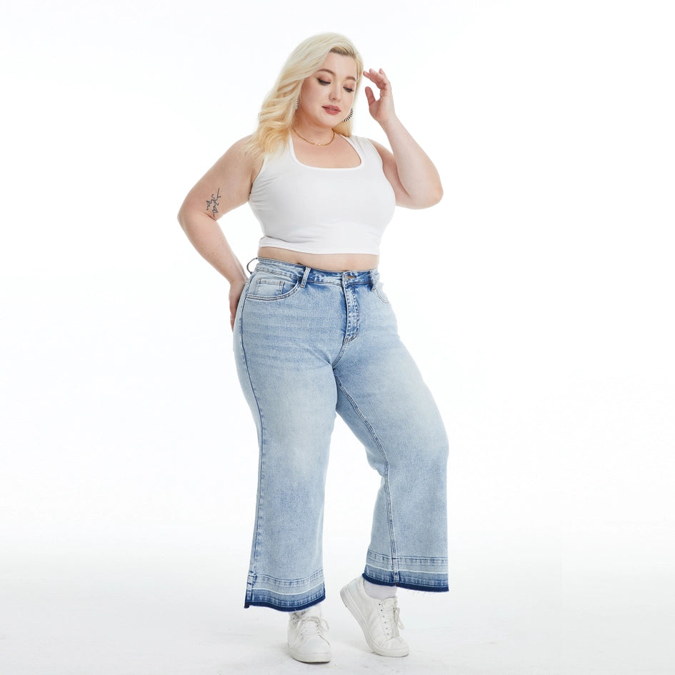 Super High Rise Crop Wide Leg Jeans with Raw Hem LIGHT BLUE-Jeans-BAYEAS-14W-LIGHT BLUE-Urbanheer