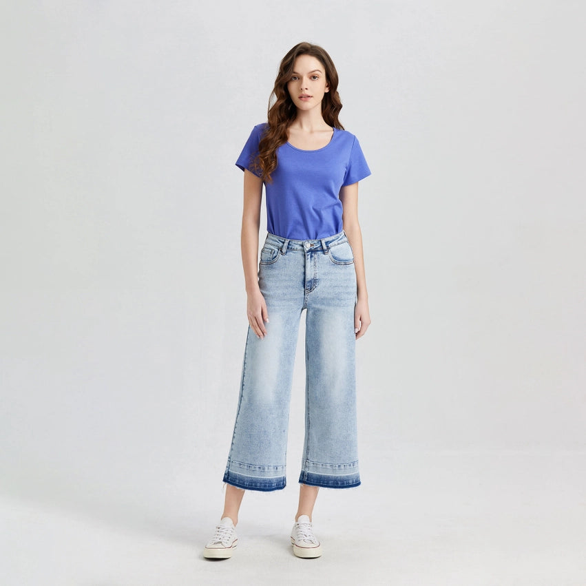 Super High Rise Crop Wide Leg Jeans with Raw Hem LIGHT BLUE-Jeans-BAYEAS-24-LIGHT BLUE-Urbanheer