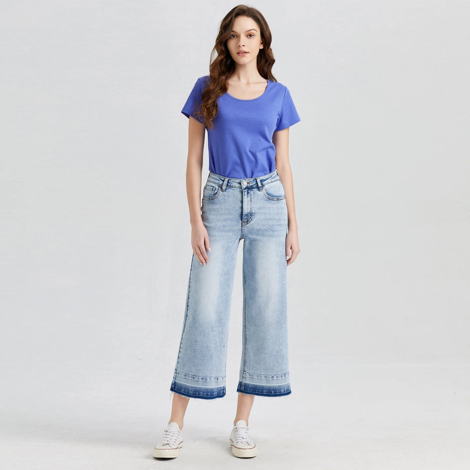 Super High Rise Crop Wide Leg Jeans with Raw Hem LIGHT BLUE-Jeans-BAYEAS-14W-LIGHT BLUE-Urbanheer
