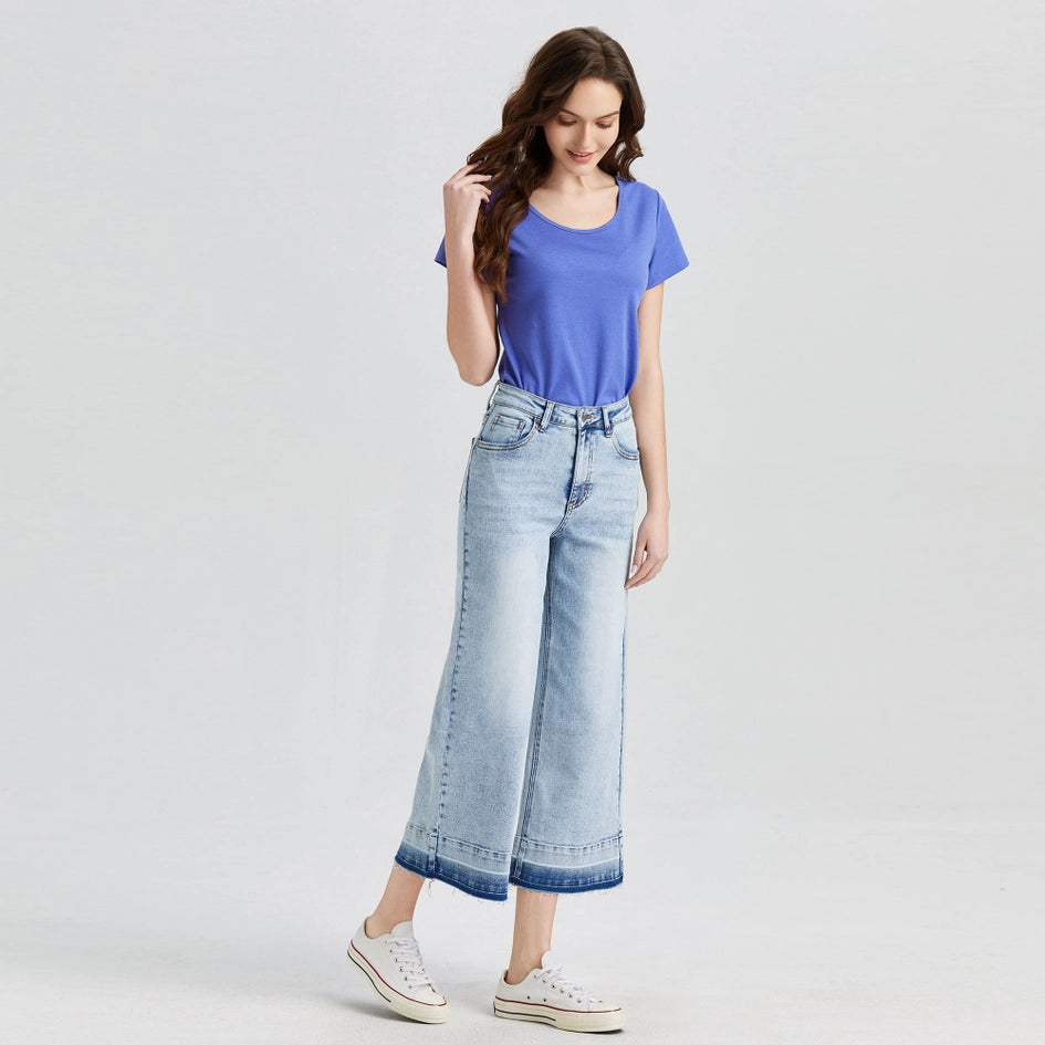 Super High Rise Crop Wide Leg Jeans with Raw Hem LIGHT BLUE-Jeans-BAYEAS-14W-LIGHT BLUE-Urbanheer