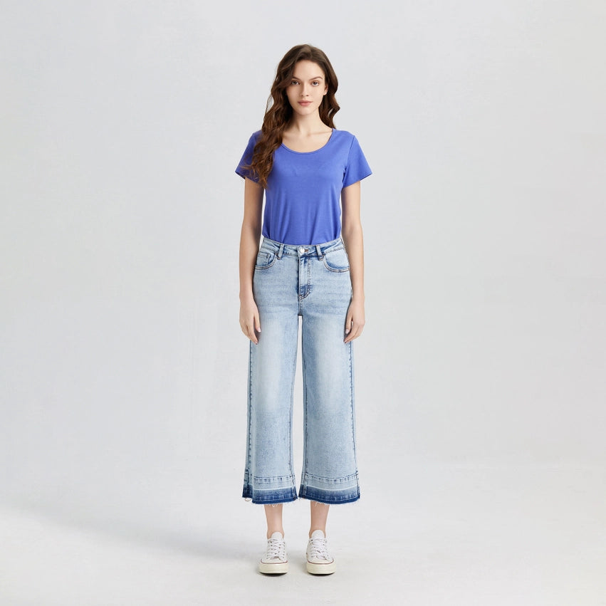 Super High Rise Crop Wide Leg Jeans with Raw Hem LIGHT BLUE-Jeans-BAYEAS-24-LIGHT BLUE-Urbanheer