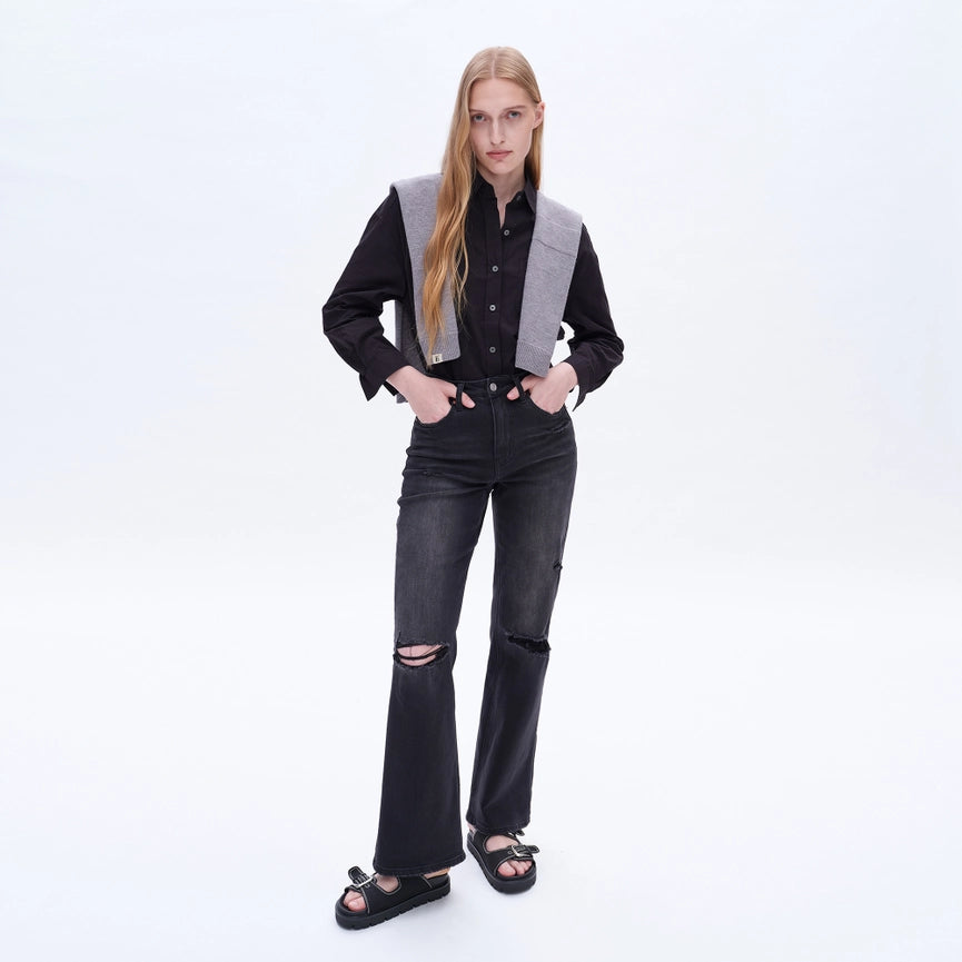 Super High Rise Flare Jeans with Finished Hem BLACK ROCK-Jeans-BAYEAS-24-BLACK ROCK-Urbanheer