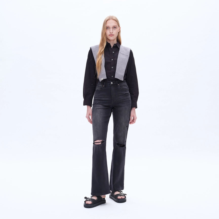 Super High Rise Flare Jeans with Finished Hem BLACK ROCK-Jeans-BAYEAS-24-BLACK ROCK-Urbanheer